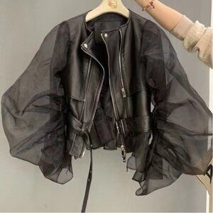 EDGY & ELEGANT! Organza Puff Sleeve Leather Jacket - Ruffled Hem & Belted Moto!